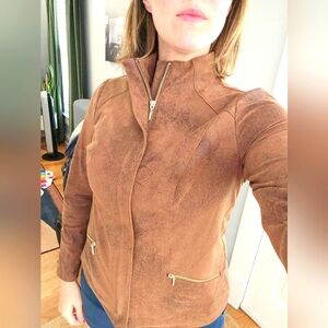 Chicos faux suede jacket with braid sleeve detail